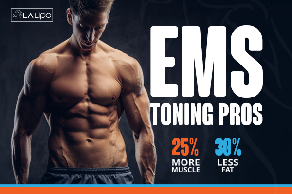 Graphic of man with toned body showing the benefits of LA-EMS Body Sculpting Bow treatment