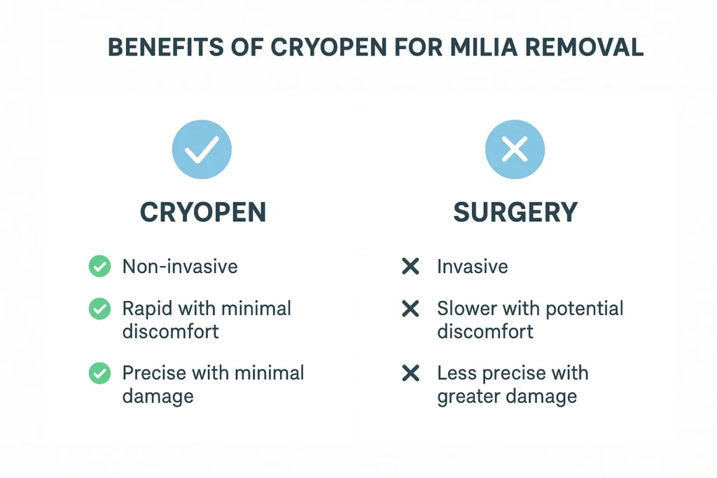 Benefits of cryopen for milia removal Bow compared to surgical treatments.