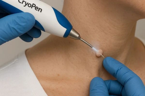 Person receiving Cryotherapy skin tag removal Bow