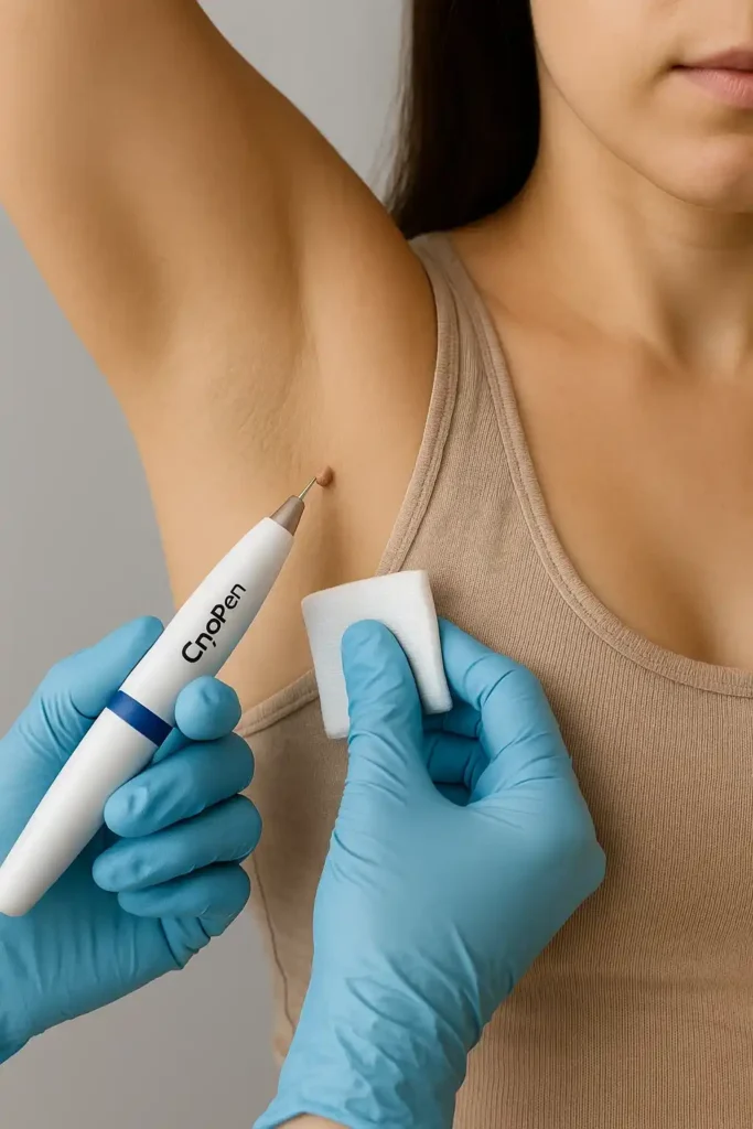 woman having cryopen to remove underarm skin tags Bow