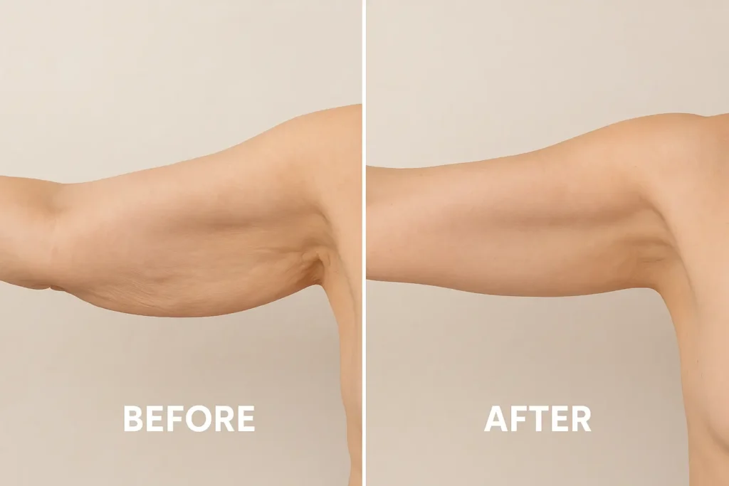 Picture of LA LIPO Bow before and after results of skin tightening treatment on the upper arms.