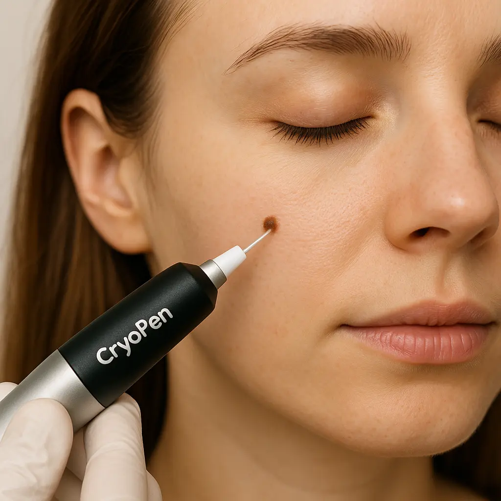 woman receiving facial mole removal Bow using cryopen
