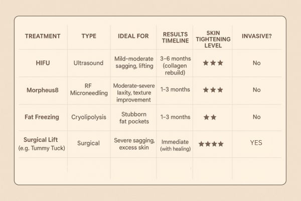 Table showing the comparisons of Skin tightening Bow treatment options.